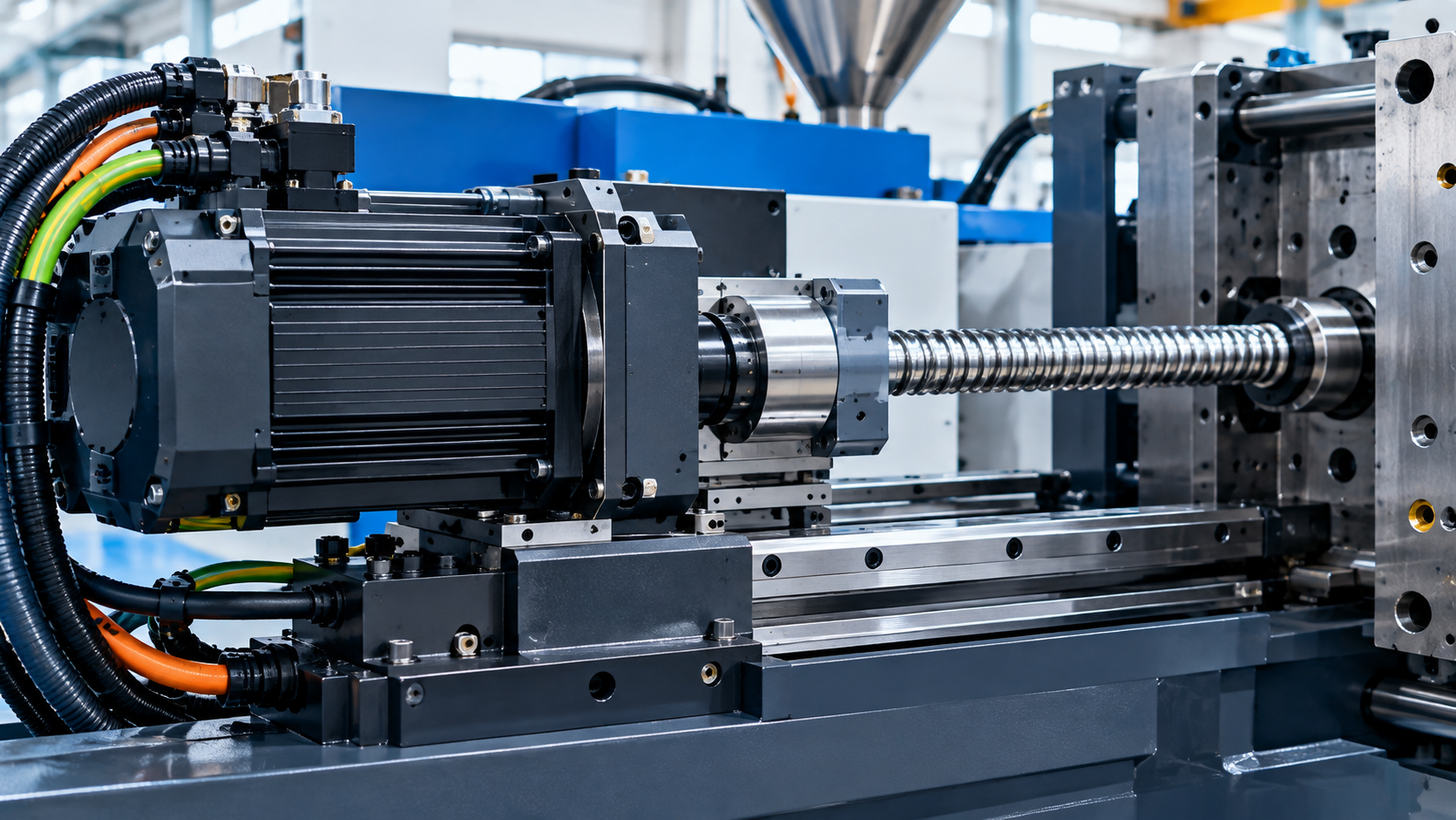 Servo motor and ball screw in an electric injection moulding machine