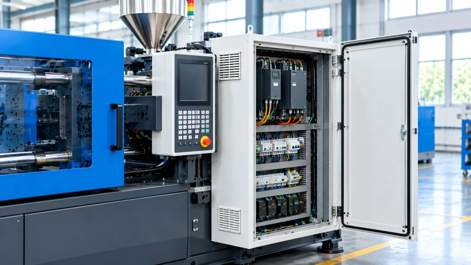 Technician checking the drive cabinet and control panel of an injection moulding machine